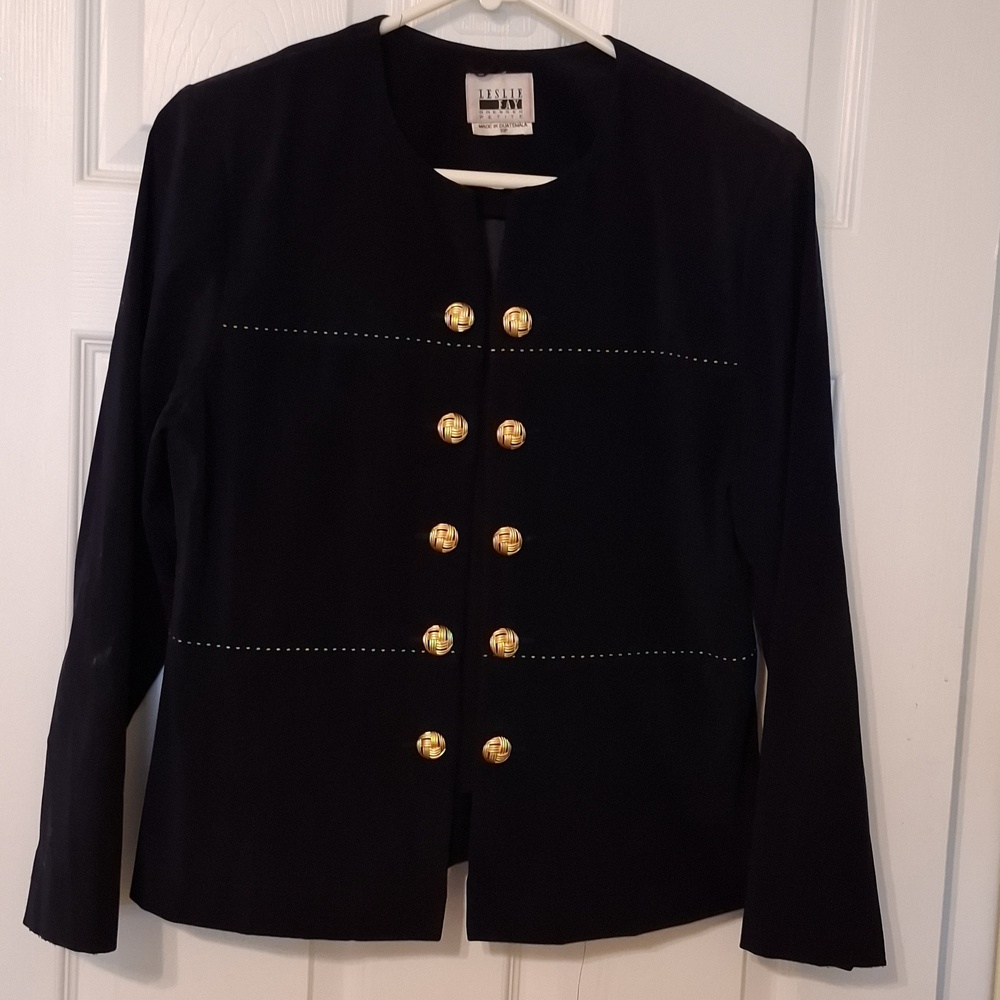 Leslie Fay sz 10P, Black, vintagen military style, ultra suede blazer